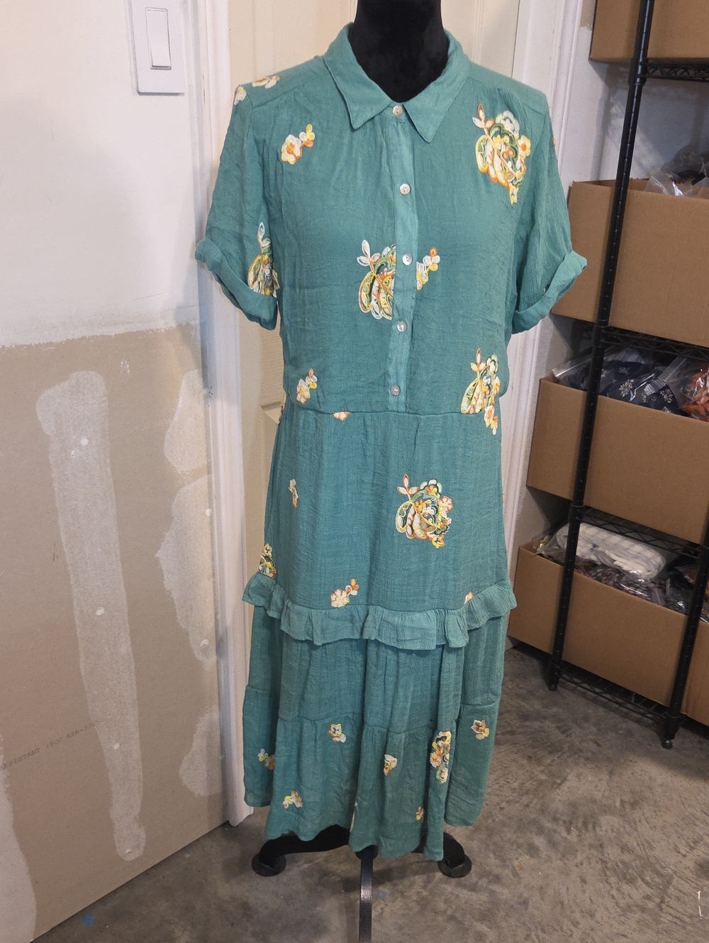 Figueroa & Flower Teal Floral Button-Up Tiered Midi Dress Short Sleeve Tie Back